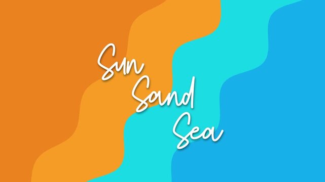 Sun Sand Sea handwritten text reveal animation on colorful orange and blue wave background, vertical motion graphic for beach and summer vacation content