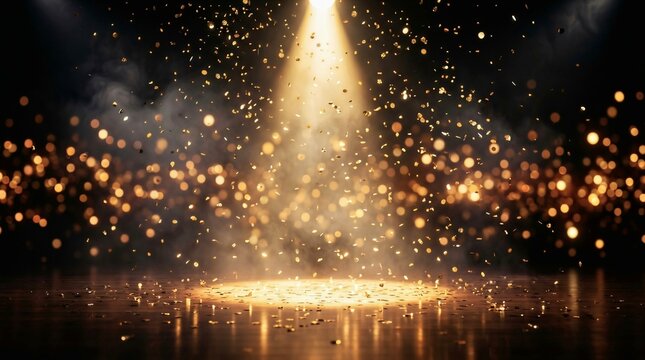 Empty stage with spotlight beam, glittering gold bokeh and falling confetti particles on dark background