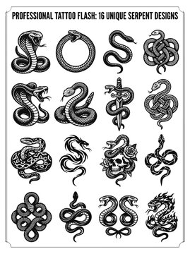 Snake Tattoo Flash Collection Featuring 16 Unique Serpent Design Illustrations