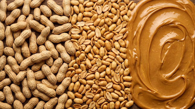 Flat lay texture background of peanut processing from whole unshelled peanuts to raw peanuts and smooth creamy peanut butter