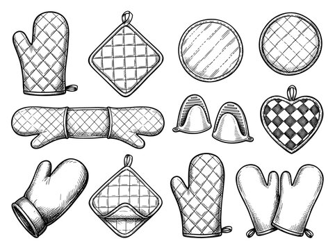 Black ink sketch of quilt kitchen oven glove and potholder collection, hand draw vector illustration isolate on white background