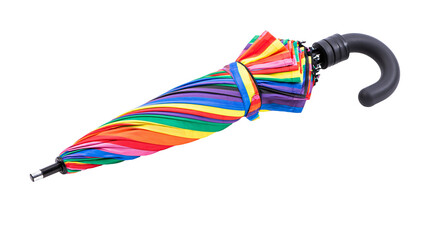 Closed rainbow striped umbrella with black curved handle © Fried
