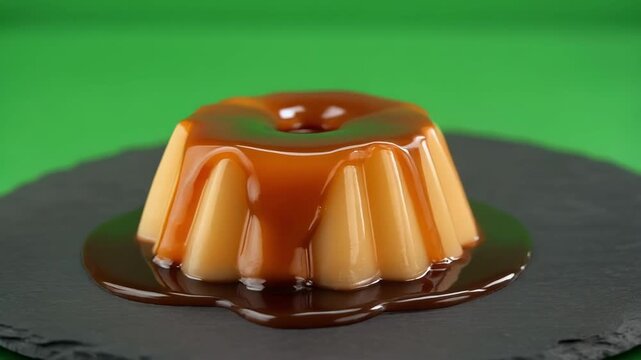 Caramel flan dessert with rich sauce slowly dripping down in a studio setting with green backdrop
