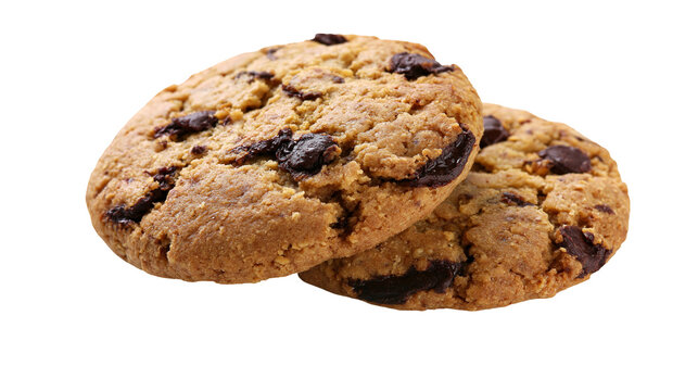Two chocolate chip cookies with rough texture