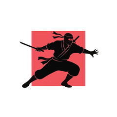 Fototapeta premium Dynamic silhouette of a Japanese ninja warrior in a combat stance holding a katana sword against a red square background, isolated on white, minimal martial arts vector art.