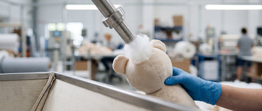 Worker stuffing plush teddy bear in toy factory production line with gloved hand