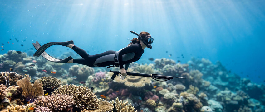 Freediver spearfishing over vibrant coral reef underwater adventure in clear tropical ocean waters