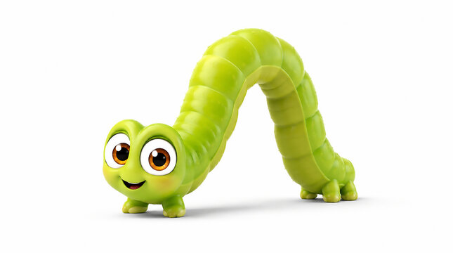 Cute Cartoon Inchworm Character Looping Pose, Pixar 3D Style, White Background