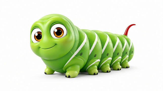 Cute Cartoon Tomato Hornworm Caterpillar Pixar 3D Style, Green Horn Tail, White Background