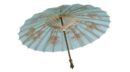 Light blue paper parasol with brown fern pattern and wooden handle © Femke