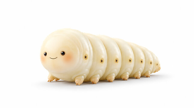 Cute Cartoon Silkworm Caterpillar Character Pixar 3D Style, Creamy White, White Background