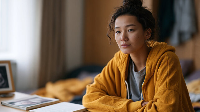 Kazakh teenager unpacking her dormitory room on the first day of university far from home, a framed photograph of her grandmother face-down on the desk beside a textbook, her