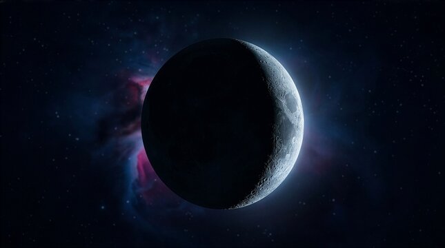 Crescent moon during partial solar eclipse with colorful nebula and deep space stars, dramatic celestial astronomy background