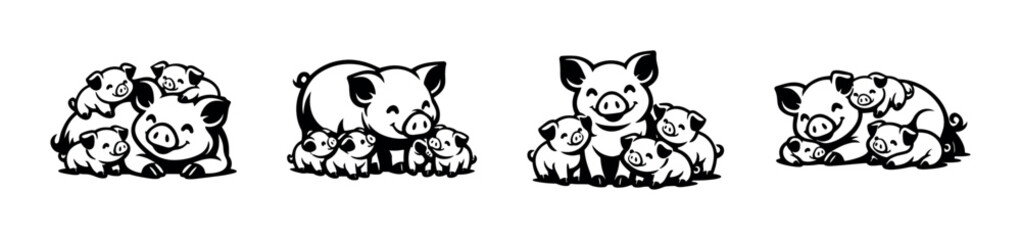 Adorable cartoon pig family with piglets in various playful poses © UnIcons