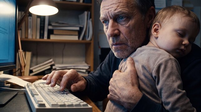 Exhausted older man working late on computer while holding sleeping toddler