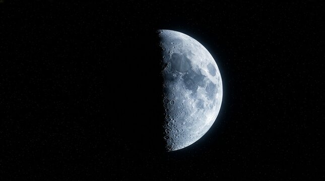 Half moon in deep black space with minimalist celestial composition, lunar astronomy background and cosmic night sky