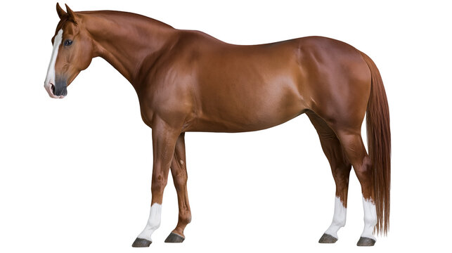 Brown horse with white stripe on face and white socks