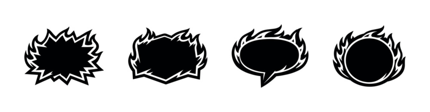 Set of four black graphic elements with flame borders and different shapes