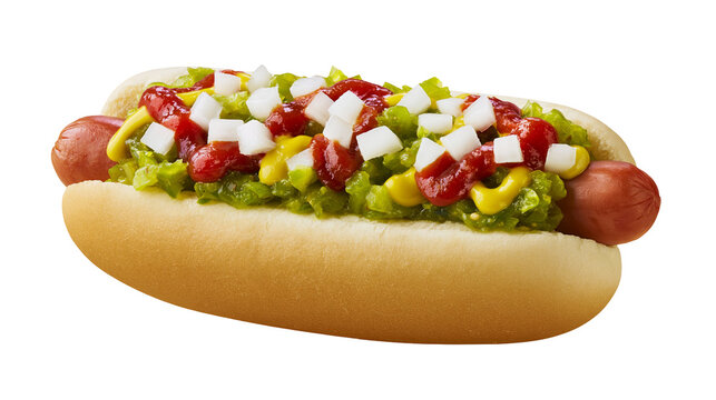 Hot dog with relish ketchup mustard, and diced onions