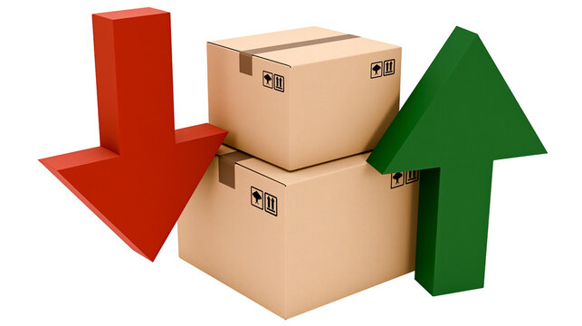 Cardboard boxes with red down arrow and green up arrow
