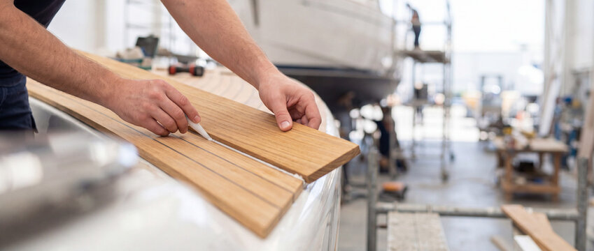 Boat deck installation: craftsman fitting teak strips on yacht in marine workshop