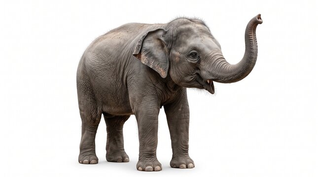A juvenile asian elephant stands isolated on white background