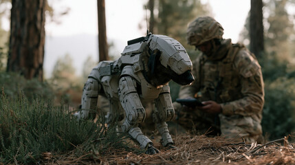 Fototapeta premium Military working dog robot with articulated legs and mounted sensor array moves through dense woodland terrain during a reconnaissance training exercise, two soldiers in field