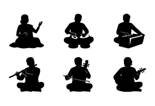 6 Indian classical musicians icons playing instruments, silhouette style, cultural performance art, traditional music