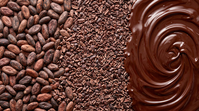 Overhead texture background of chocolate production showing raw cocoa beans, crushed cacao nibs, and melted smooth dark chocolate swirl