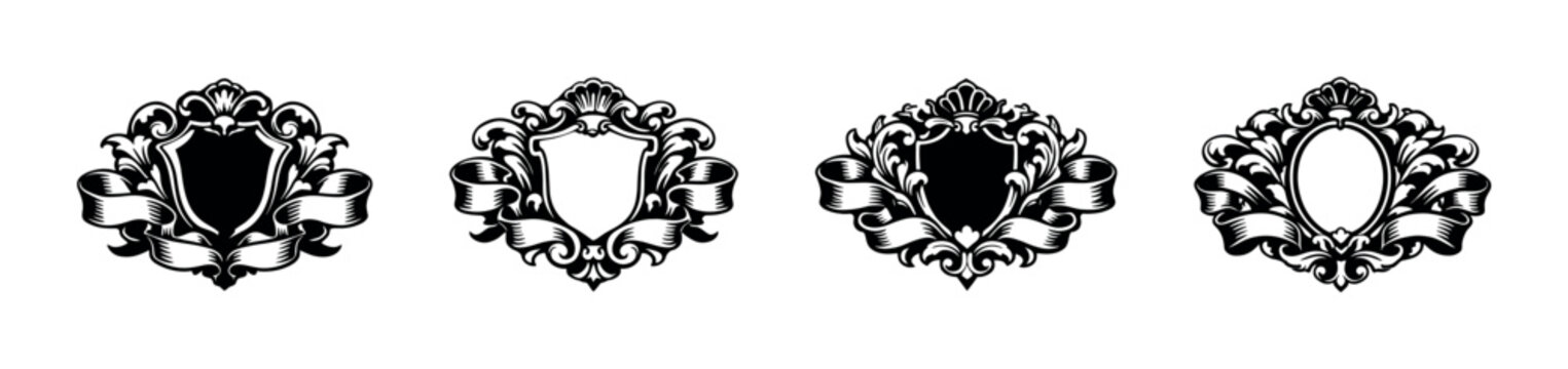 Collection of ornate heraldic crests and shields with decorative scrolls and banners