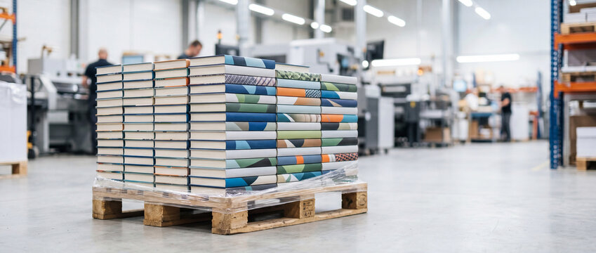 Stacked hardcover books on pallet in modern printing warehouse ready for distribution and shipment