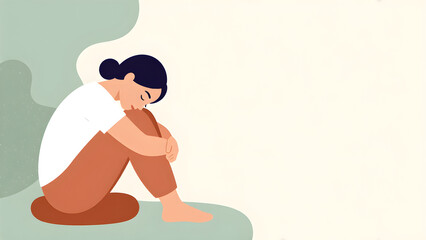 Obraz premium Depressed woman sitting on floor hugging her knees with copy space