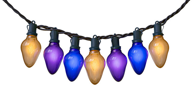String of large, colorful Christmas lights with amber and blue bulbs