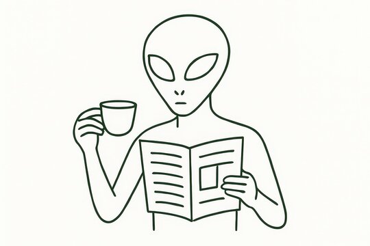 Minimalist line art illustration of a gray alien drinking coffee and reading a newspaper morning routine concept