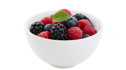 White bowl filled with fresh blackberries raspberries, blueberries and mint leaf © Corman