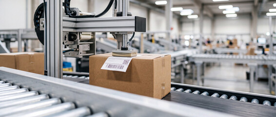 Fototapeta premium Automated packaging line with conveyor belt and robotic labeling machine in modern warehouse