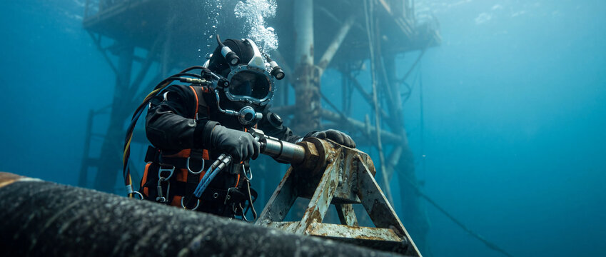 Commercial diver inspecting underwater oil rig pipeline during offshore industrial maintenance operation