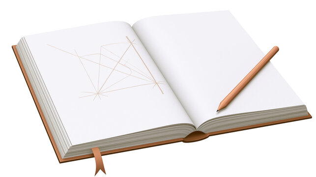 Open book with geometric drawing and pencil