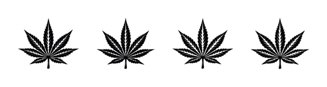 Four black cannabis leaves arranged in a row on a white background