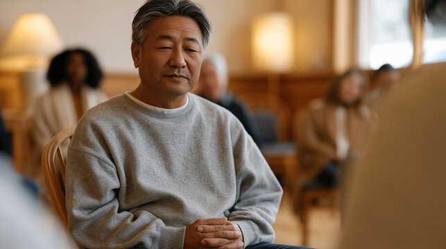 Vietnamese widower attending a grief support circle in a community center, seated in a ring of mismatched chairs with others of varied ages, his hands folded and eyes downcast but