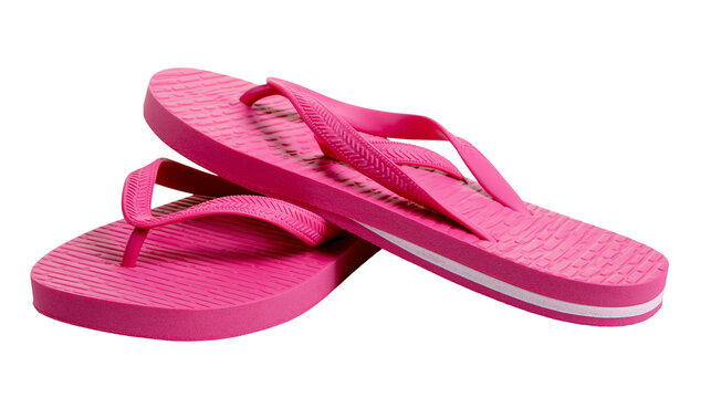 Bright pink flip-flops with textured soles and white stripes
