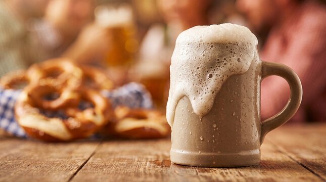 Overflowing stoneware beer stein on rustic wooden pub table