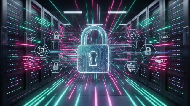 Futuristic data center with vibrant flowing data streams and advanced digital technology visualization