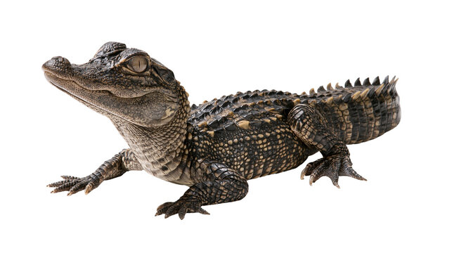 Young alligator with scaly skin and sharp claws on white