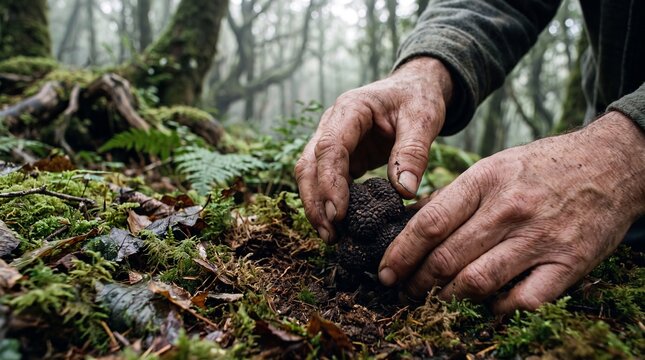 Truffle hunters hands holding a fresh black truffle discovered in a damp forest