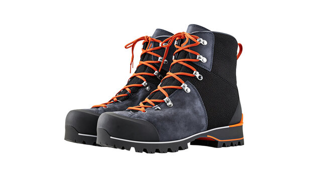 Heavy duty mountaineering boots with orange laces and black soles