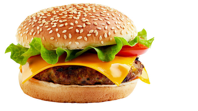 Cheeseburger with lettuce and tomato on sesame seed bun
