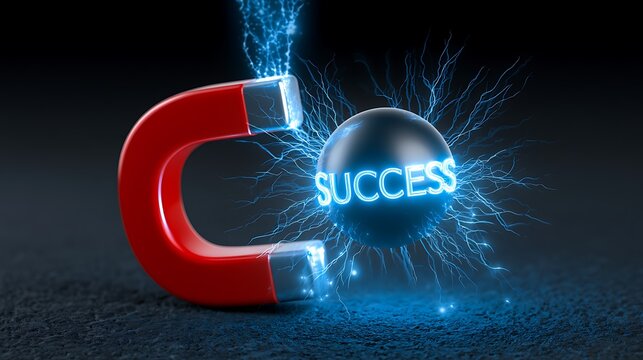 Magnet attracting success concept on dark background