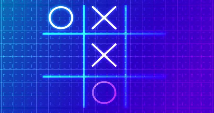 Glowing animated Tic Tac Toe Game Icon on a grid background in 4K.Neon Tic Tac Toe X-O game icon on a grid background for banners, business workflows, and digital backdrops. 
