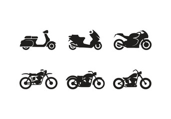 Set of motorcycle silhouettes collection different bike styles vector illustration. Sport, cruiser, scooter, chopper motorbike transport icons isolated design elements © Creative Juel 